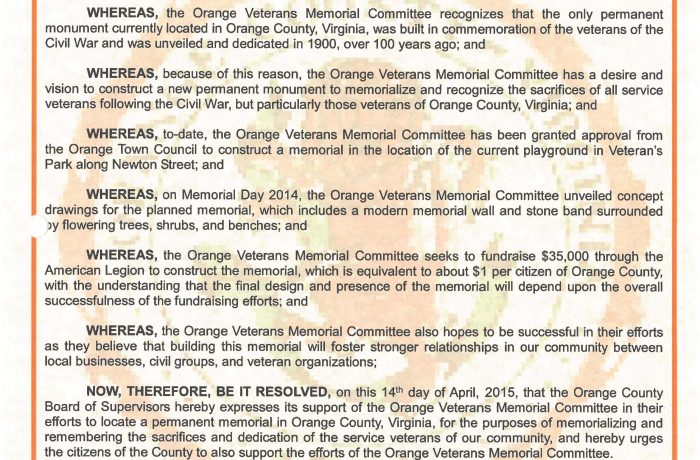 April 14, 2015- County of Orange, Virginia, Board of Supervisors shares a resolution to support the Orange Veterans Memorial Project.