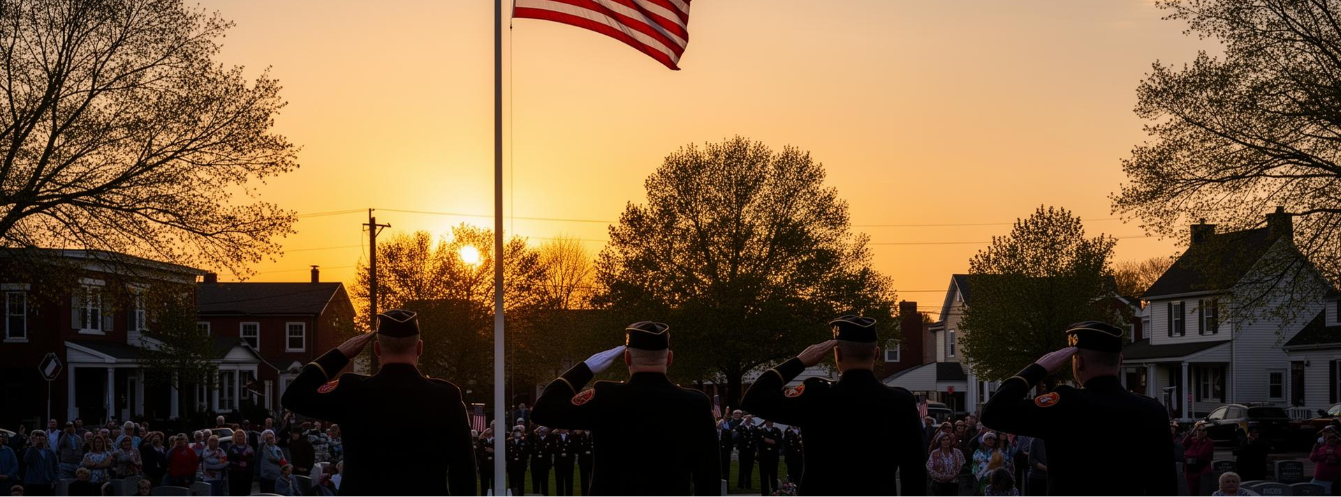 Veterans salute the American flag during an Orange County Memorial Day ceremony at dusk.