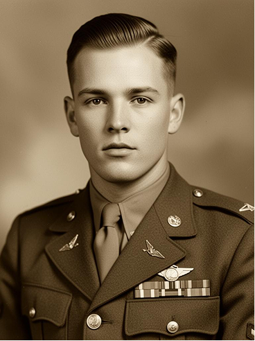 Sepia portrait of Cpl. James E. Whitlock in World War II U.S. Army uniform.
